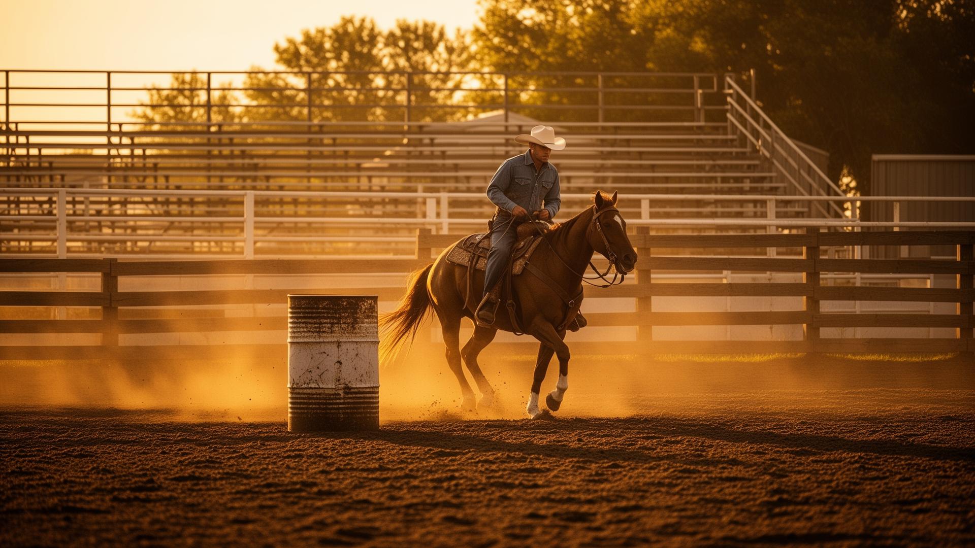 Cowboy on horseback rounding a barrel at Hidden R Arena at golden hour